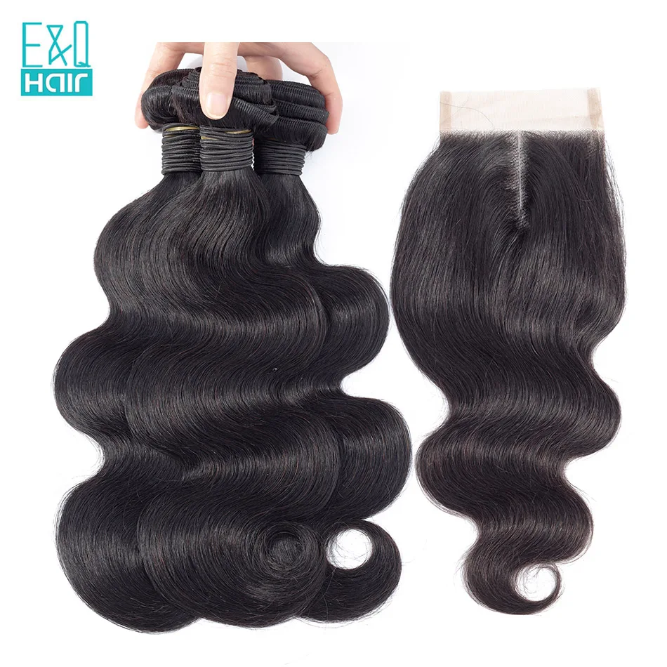EQ волос бразильский 100% человеческих на теле Wave 3 Связки с закрытием кружева Natural