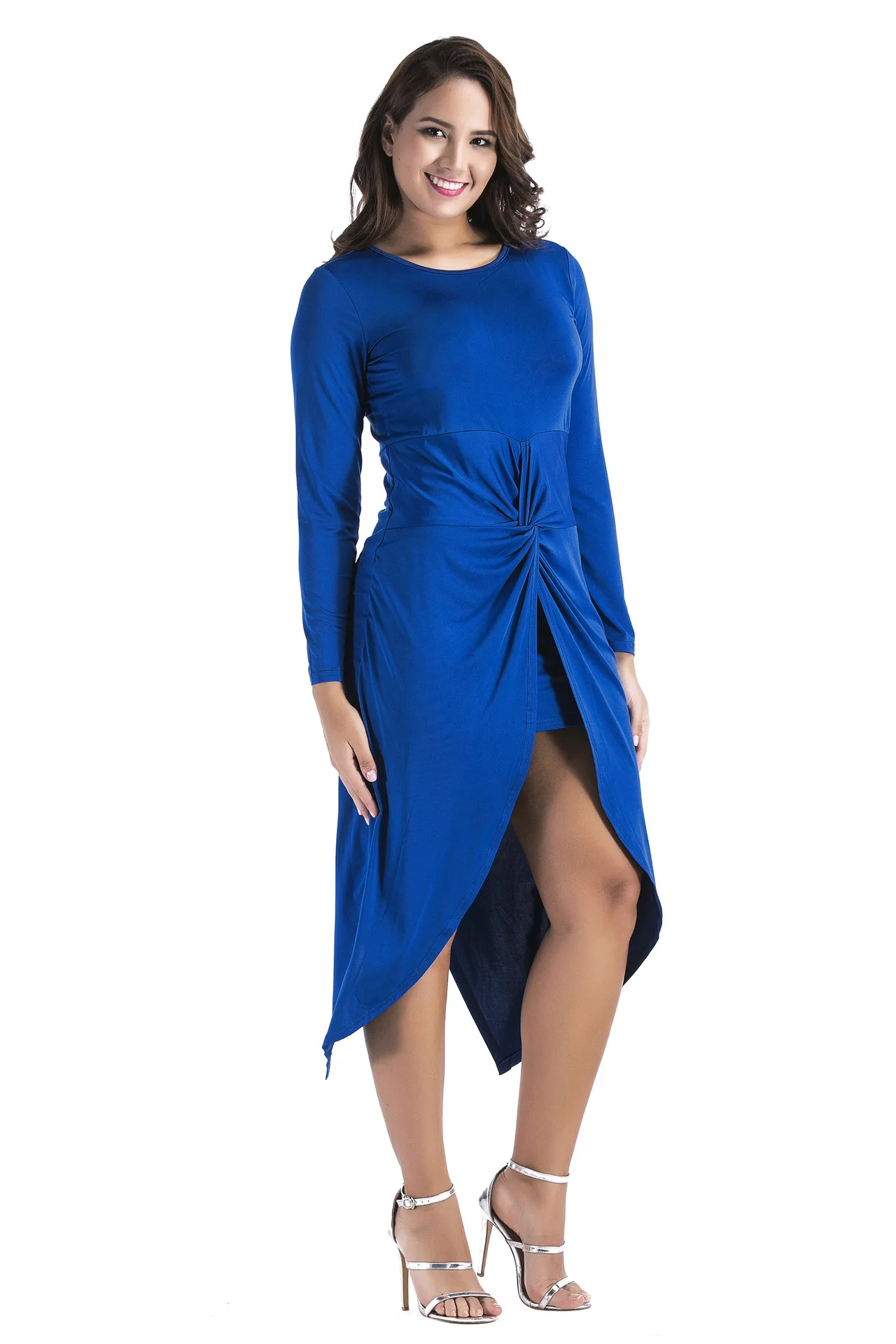 Элегантное платье с круглым вырезом женское однотонное асимметричное офисные