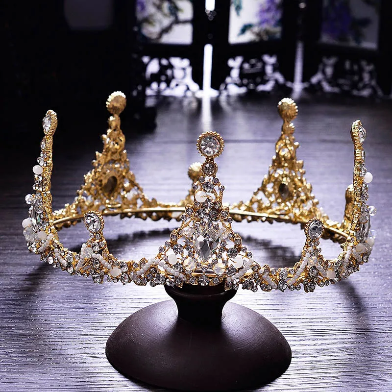 Crown Золотая Корона в стиле барокко, свадебный головной убор, диадема, свадебные ювелирные изделия, вечерние круглые короны на день рождения, набор хрустальных китайских аксессуаров для волос - Окраска металла: Crown