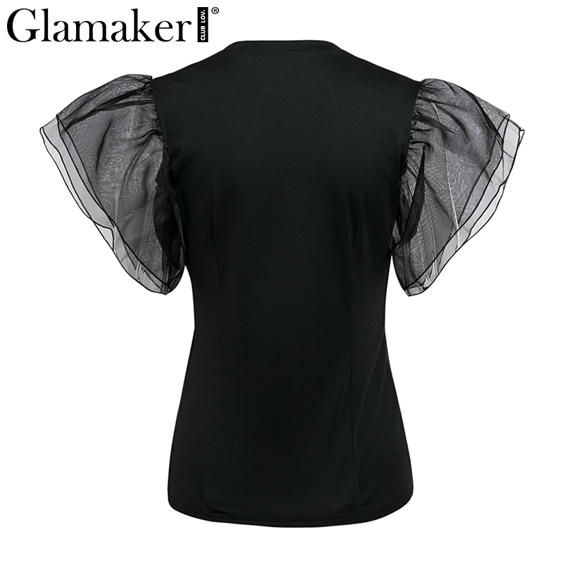 Glamaker, принт с губами, мультяшная Сексуальная футболка, женская белая, сетчатая, с рюшами, расклешенная, короткий рукав, Повседневная футболка, женская, летняя, облегающая, топ, тройники