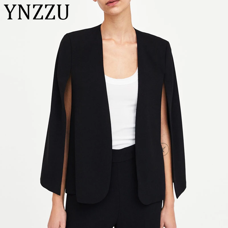 YNZZU, элегантное черное пончо, для офиса, леди, плащ, открытая передняя часть, Блейзер, осень, Сплит, для девушек, рабочая одежда, весна, женский костюм, пальто, AO973