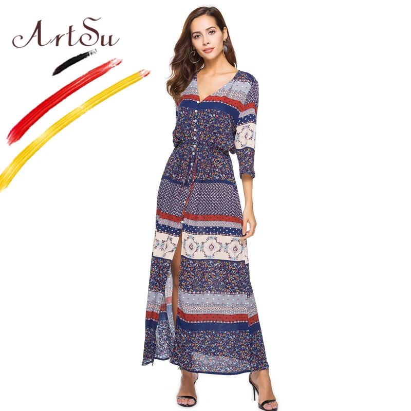 Женское платье макси ArtSu винтажное в стиле бохо с треугольным вырезом коротким