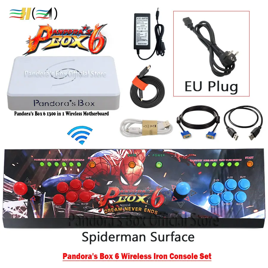 spiderman EU plug 3а оригинальная игра Pandora's Box 6 1300 в 1 беспроводной аркадный джойстик 2 игрока железная консоль Комплект HDMI VGA usb для ПК ТВ ps3 Tekken - Цвет: spiderman EU plug