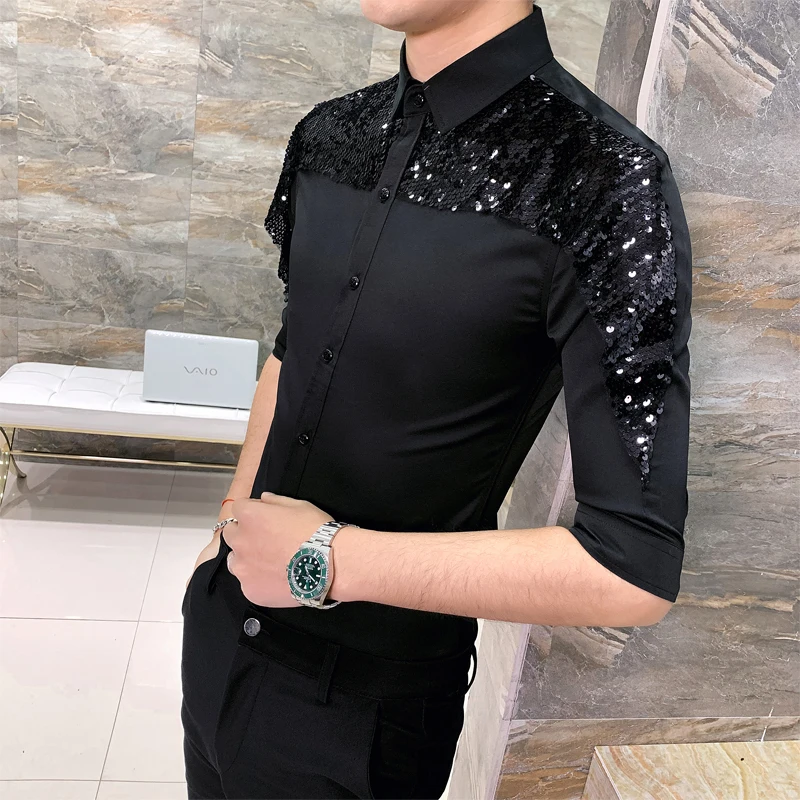 Новая модная брендовая мужская рубашка роскошная с пайетками приталенная Мужская Camisa Xadrez Masculina трендовая
