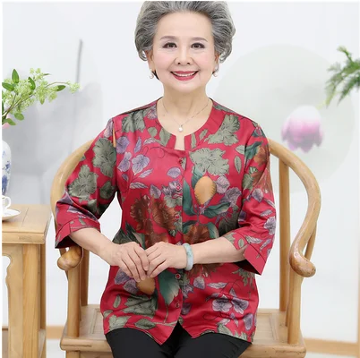 red long sleeve Летние женские блузки нового размера плюс 60-80-Летняя шелковая блуза свободного покроя с принтом F378 - Цвет: red long sleeve