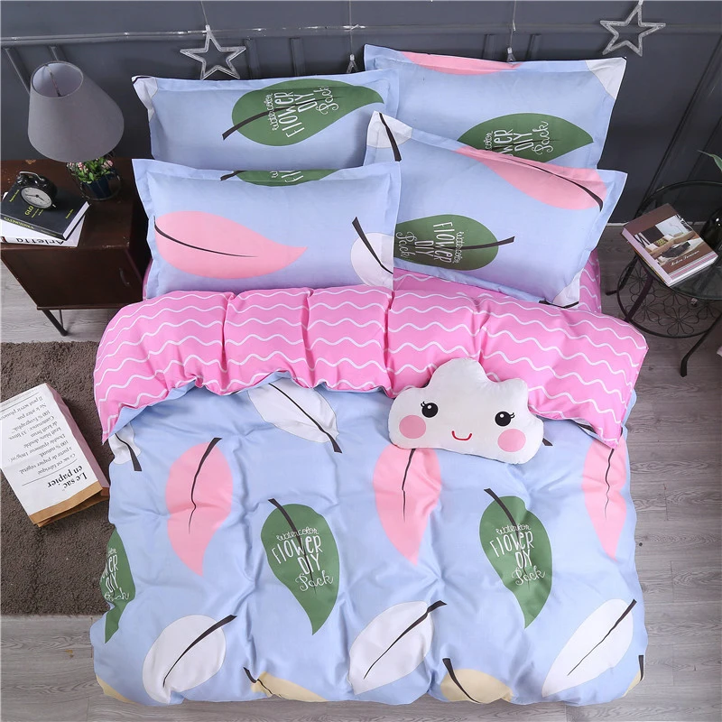 Розовый комплект постельного белья с рисунком листьев растений пододеяльник для