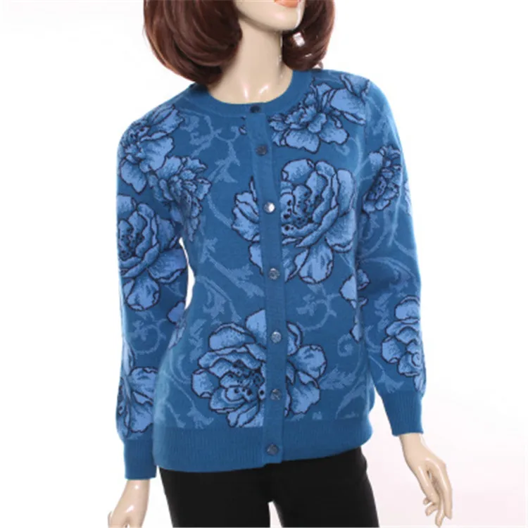 

big size 100%goat cashmere thick knit fashion printed cardigan sweater coat Oneck for mid/old women S-4XL retail wholesale