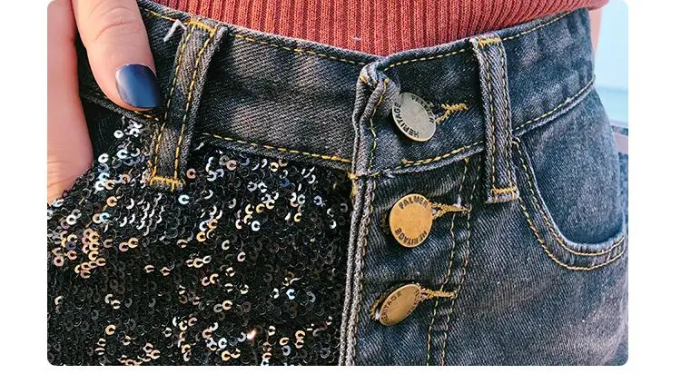 Летние женские джинсовые шорты с высокой талией и широкими штанинами блестками