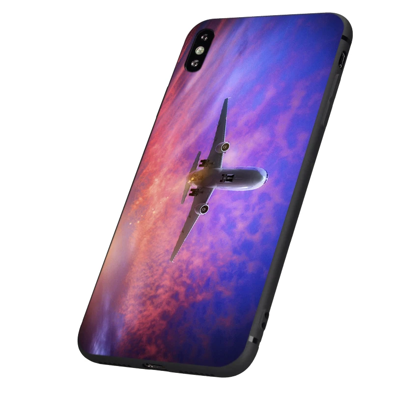 Черный ТПУ чехол для iphone 5 6 6s 7 8 plus x 10 XR XS 11 pro MAX летающий самолет на закате |