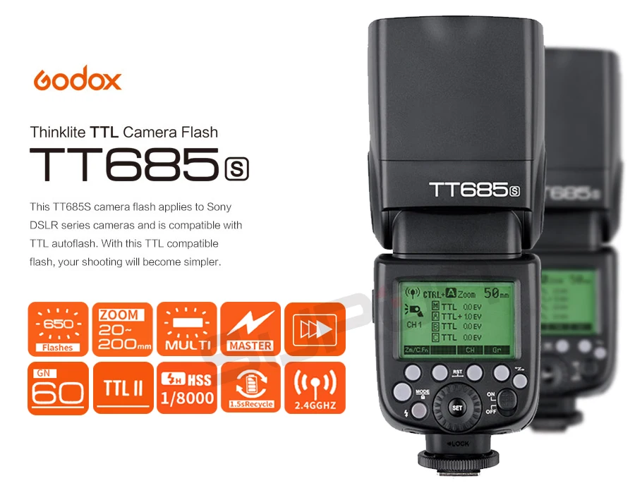 Godox TT685 TT685S 2,4G Вспышка для фотокамер Speedlite HSS 1/8000s ttl Камера вспышка+ 15*17 см для студийной съемки+ подарок для sony A77II A7RII A7R A99 A58 A6500 A6000 A6300