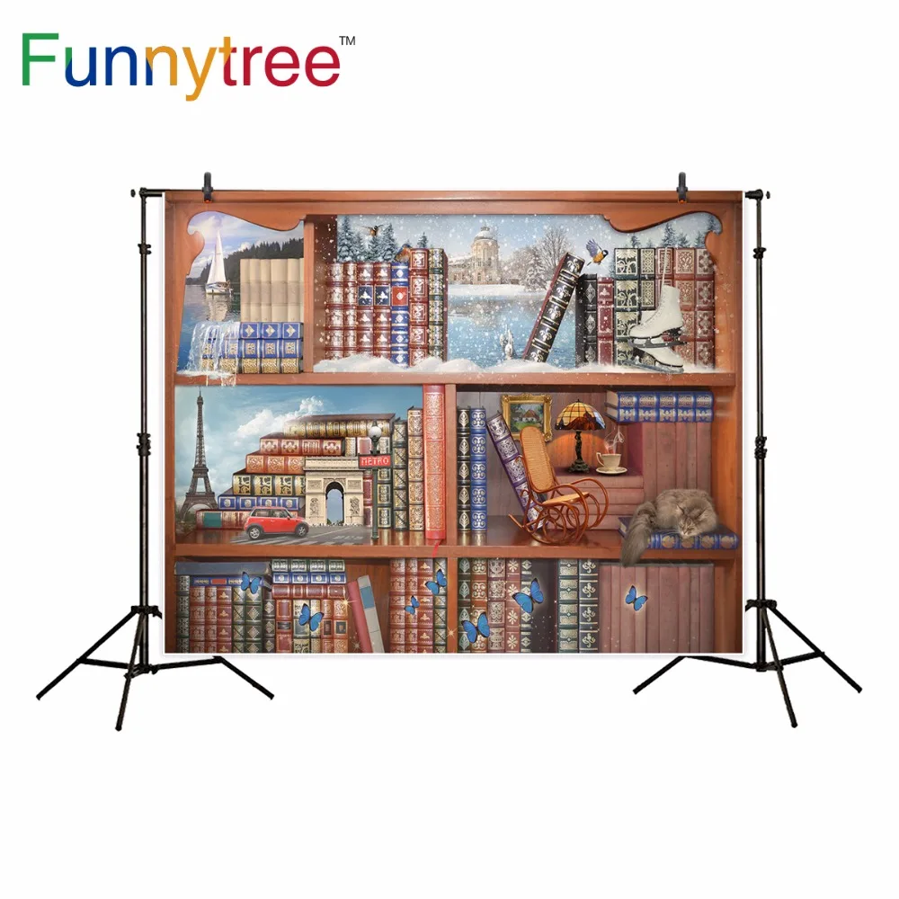 

Funnytree Сказочный фон для фотосъемки книжная полка пейзаж мир путешествия бабочка архитектура фото фон