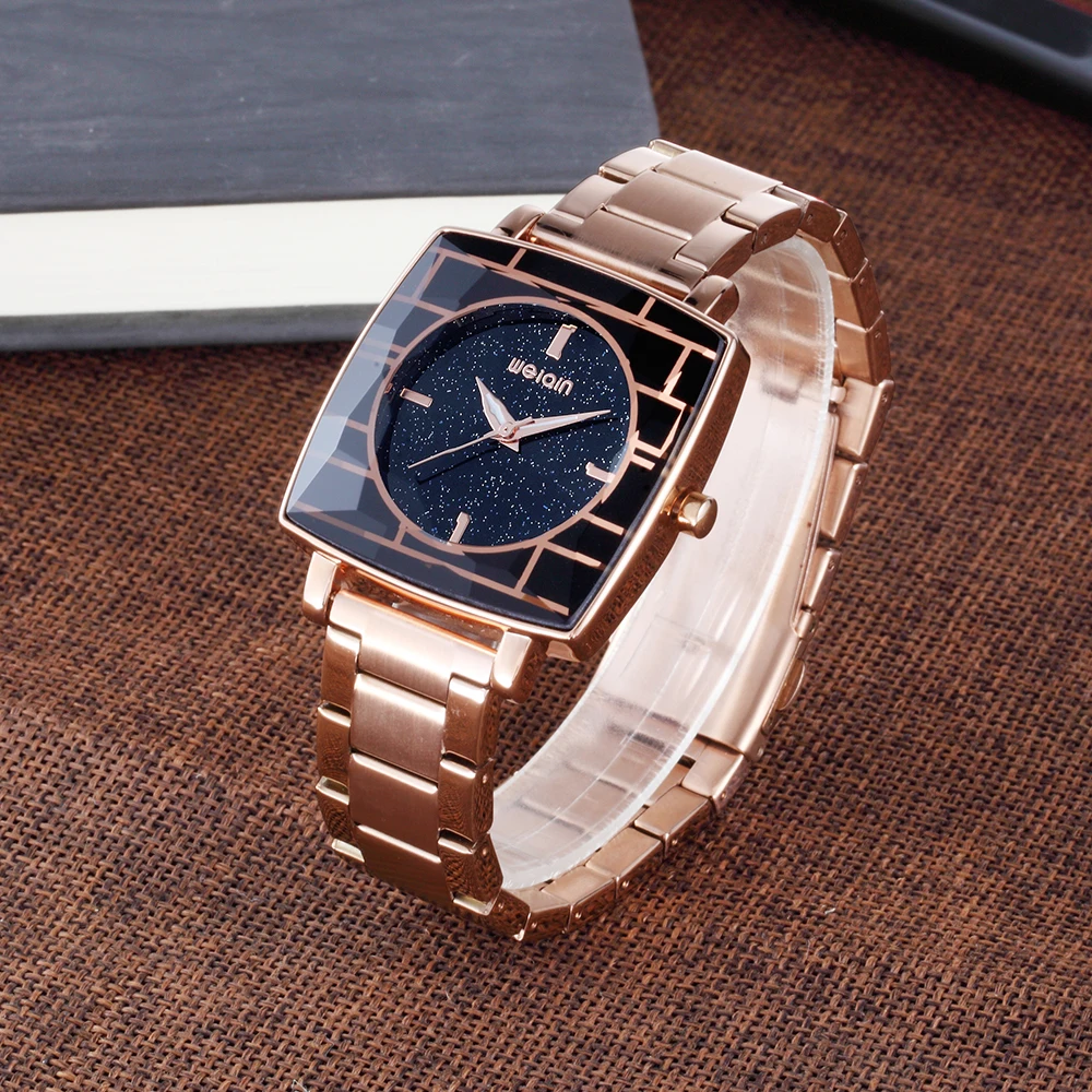 WEIQIN Новые квадратные модные нарядные часы с браслетом из розового золота