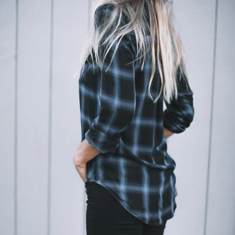 

Women Long Sleeve Plaid Shirt Ladies Turn-down Collar Casual T-shirt Tops Blouse