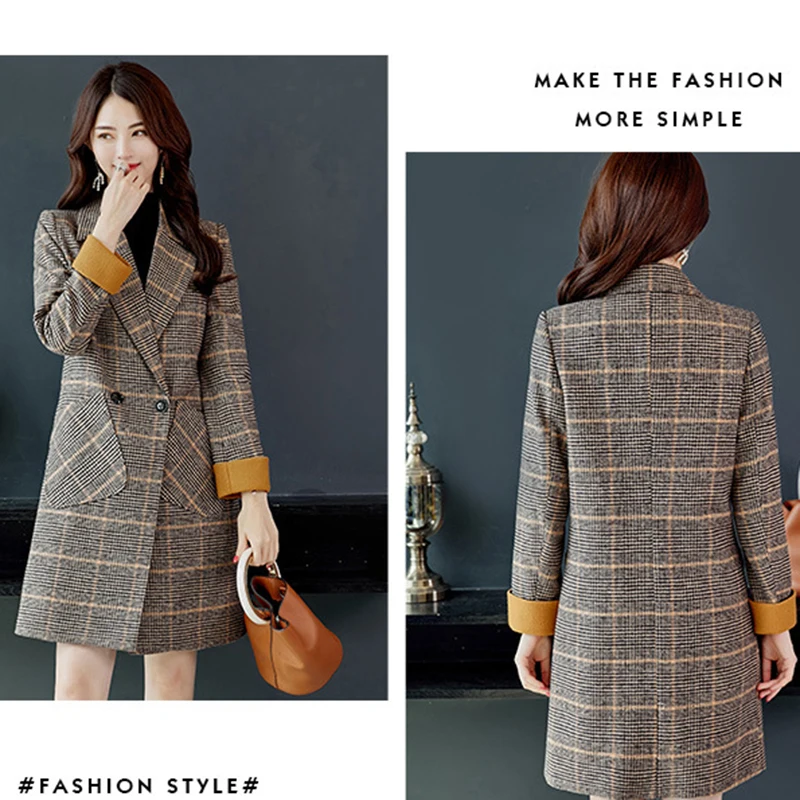 Шерстяное пальто с рисунком в клетку осень зима 2018 одной кнопки отложной