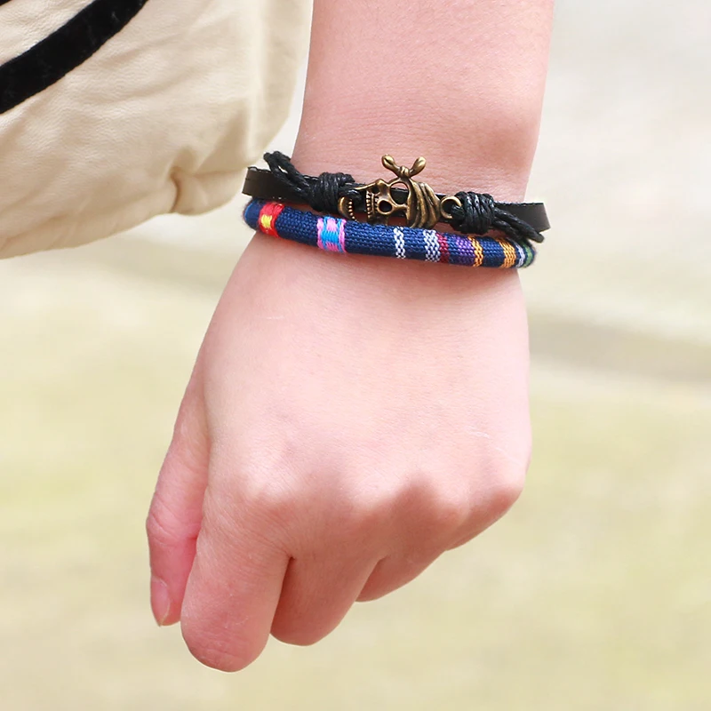 Мужской браслет CC160 кожаный тканевый в стиле панк с черепом|bracelets for|woven braceletleather