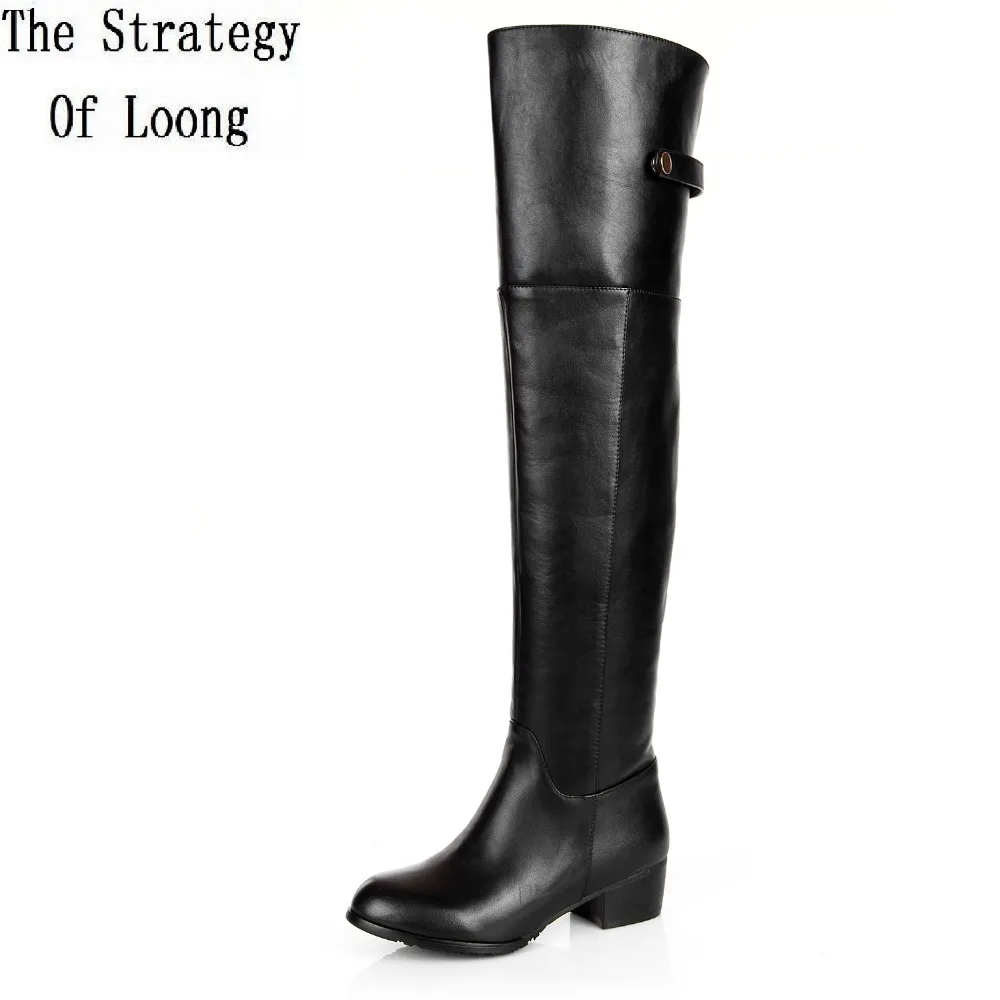 Женские зимние высокие сапоги из натуральной кожи на низком каблуке с пряжкой