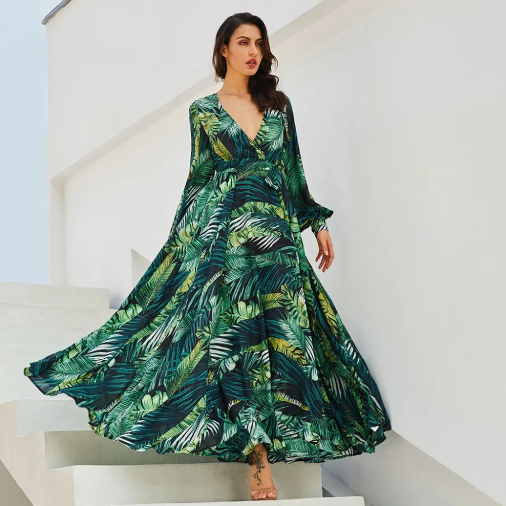 Женское винтажное платье макси повседневное богемное с v-образным вырезом