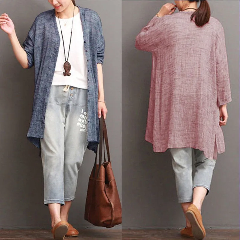 Кардиган женский однотонный с длинным рукавом свободная рубашка в богемном
