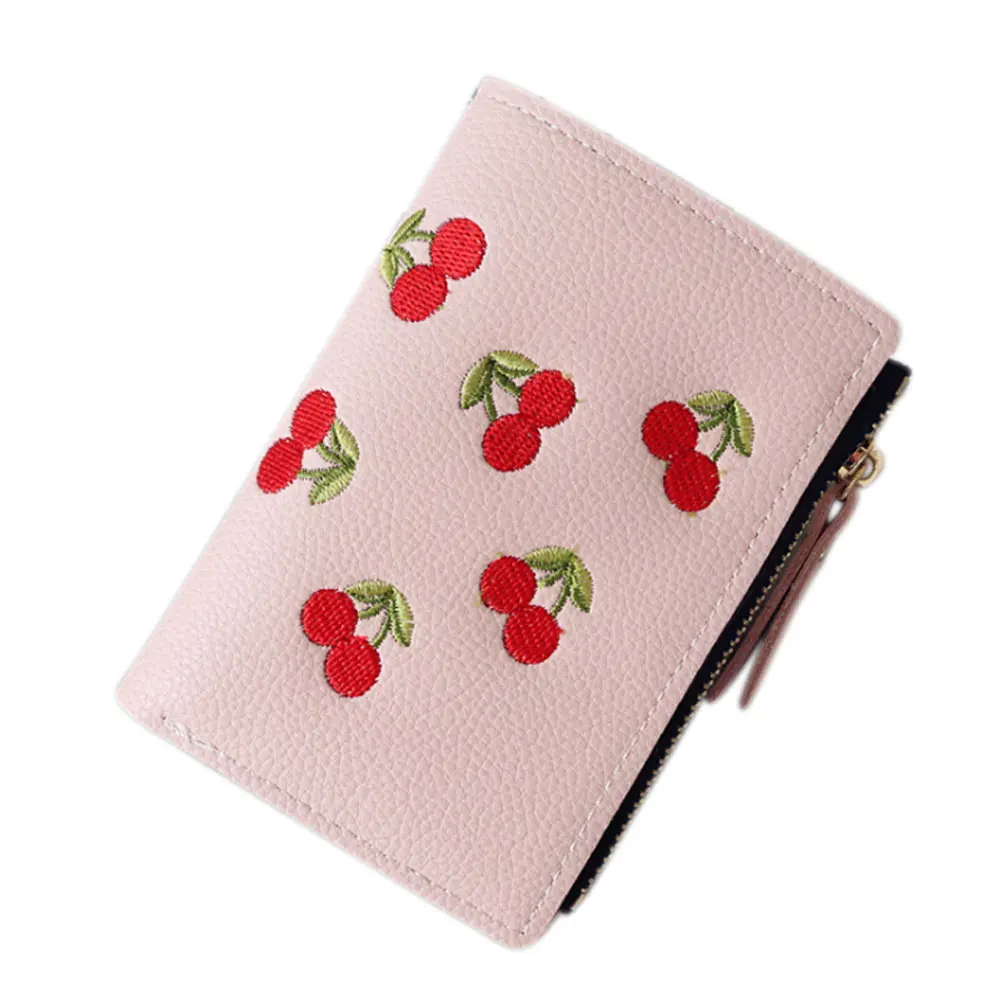 Pink Модная Милая мини-сумка для денег для девушек, женский короткий кошелек из искусственной кожи с вышивкой вишни, популярный кошелек для монет, держателей карт AB@ W3 - Цвет: Pink