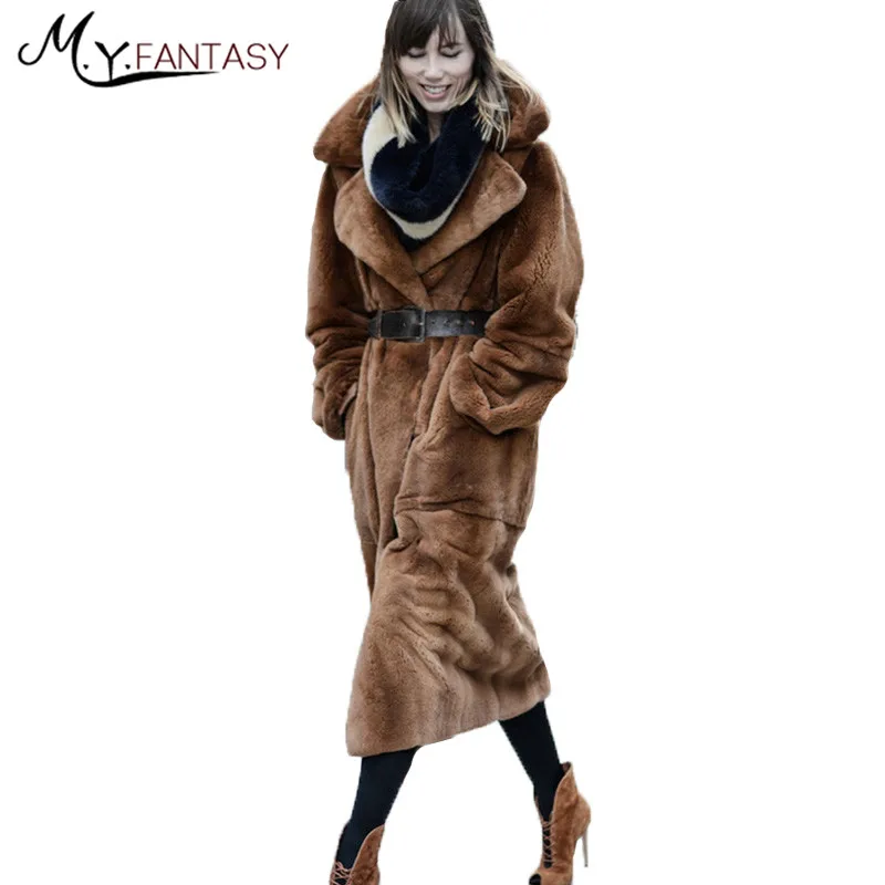 M. Y. FANSTY Зимние Модные норковые пальто длинные с v образным вырезом натуральным