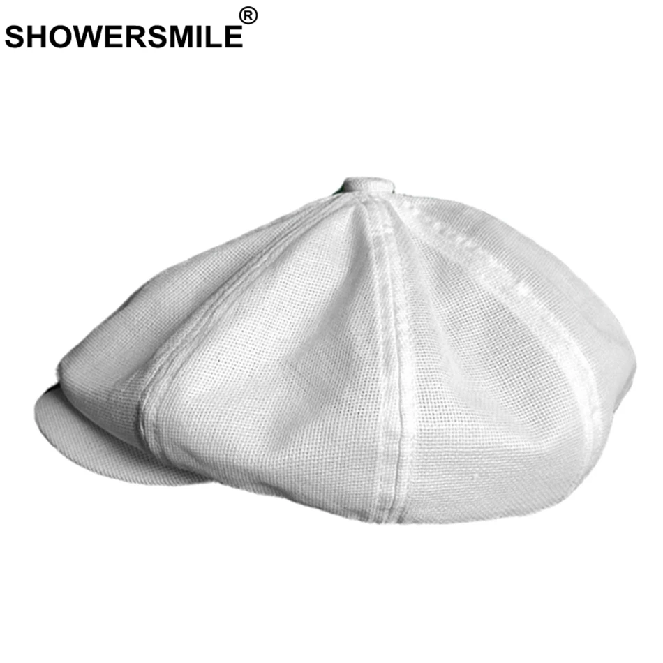 SHOWERSMILE Мужская газетная Кепка s белый льняной берет Мужская дышащая одноцветная восьмиугольная шляпа летняя тонкая Высококачественная Кепка Ivy Gatsby