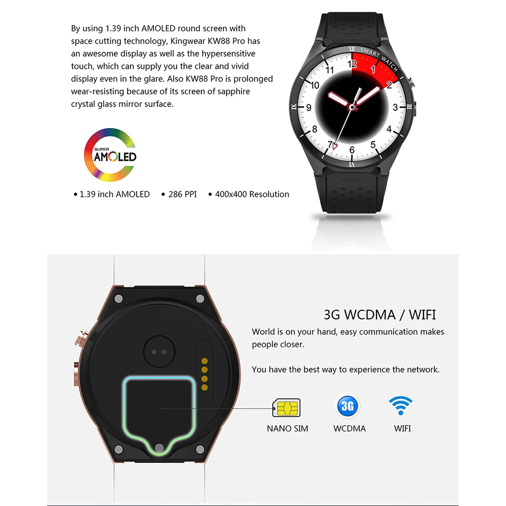 Смарт-часы KINGWEAR KW88 Pro gps для мужчин и женщин с оперативной памятью 1 Гб ПЗУ 16 Гб MTK6580 носимые устройства Android 7,0 камера 3g Smartwatch телефон
