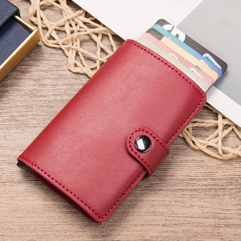 

2019 Metal Men Card Holder RFID Aluminium Alloy Credit Card Holder PU Leather Wallet Antitheft Wallets Automatic Up Card Case