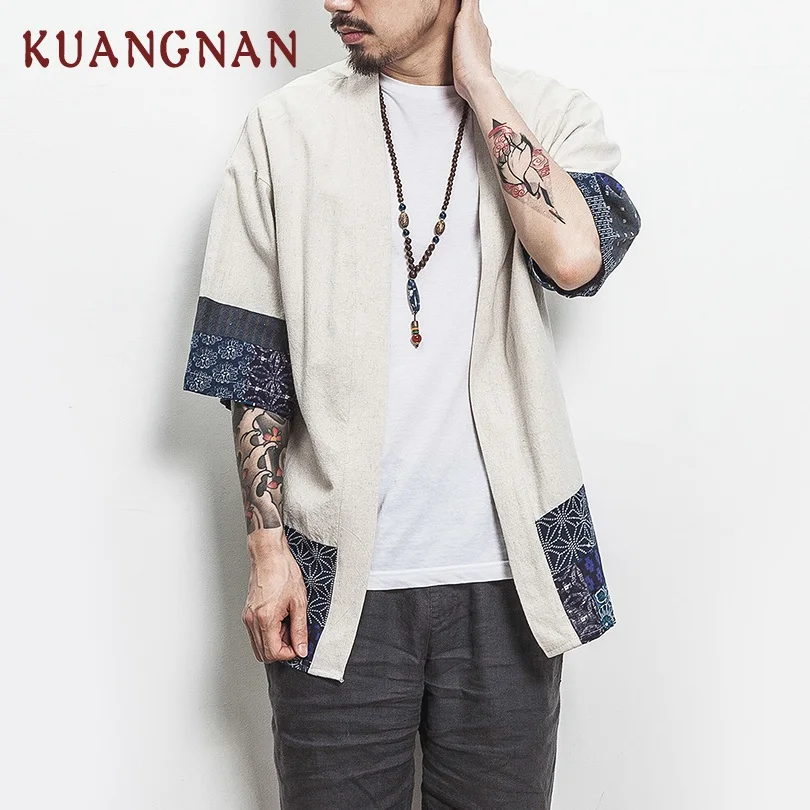 White KUANGNAN, кимоно в китайском стиле, мужская рубашка с коротким рукавом, Повседневная Уличная Мужская рубашка, мужское льняное кимоно, рубашка, Мужская одежда, новинка - Цвет: White