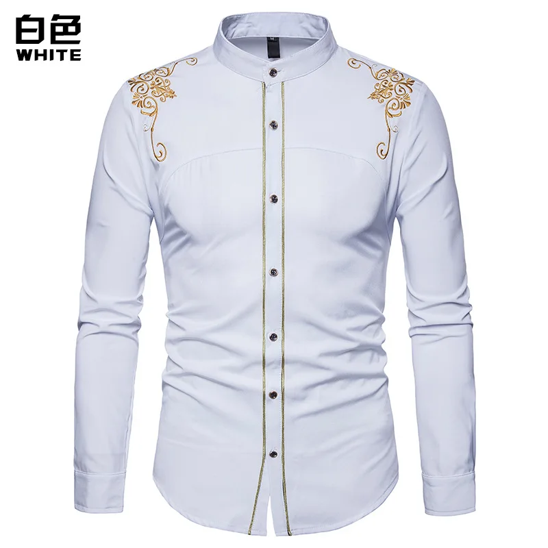 b4649 white Мужская рубашка со стоячим воротником, новинка, Брендовые мужские рубашки с длинным рукавом с золотой вышивкой, приталенные хлопковые мужские рубашки, повседневные мужские рубашки - Цвет: b4649 white