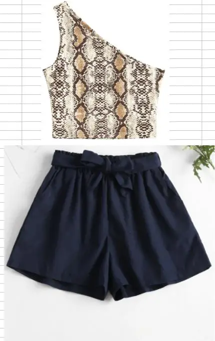 Женский костюм двойка ZAFUL ребристые шорты с поясом и оборками на одно плечо