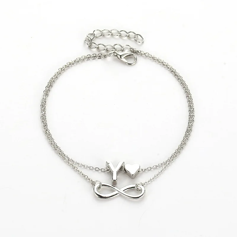 Double Thin Chains 26 Letters 8 Shaped Little Love Heart Charms Silver Plated Golden Anklets For Women Girls | Украшения и