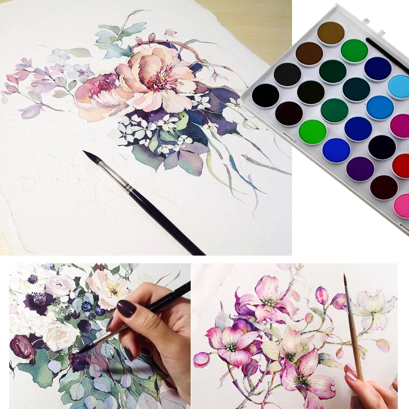 Simbalion Solid Watercolor Paint 12/16/28/36 Color Transparent Portable Water soluble Pigment With Paintbrush Art Supplies | Канцтовары