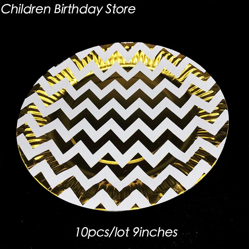 

10pcs/lot 9inches Gold foil chevron theme disposable plates chevron theme party decorations chevron Paper Plates