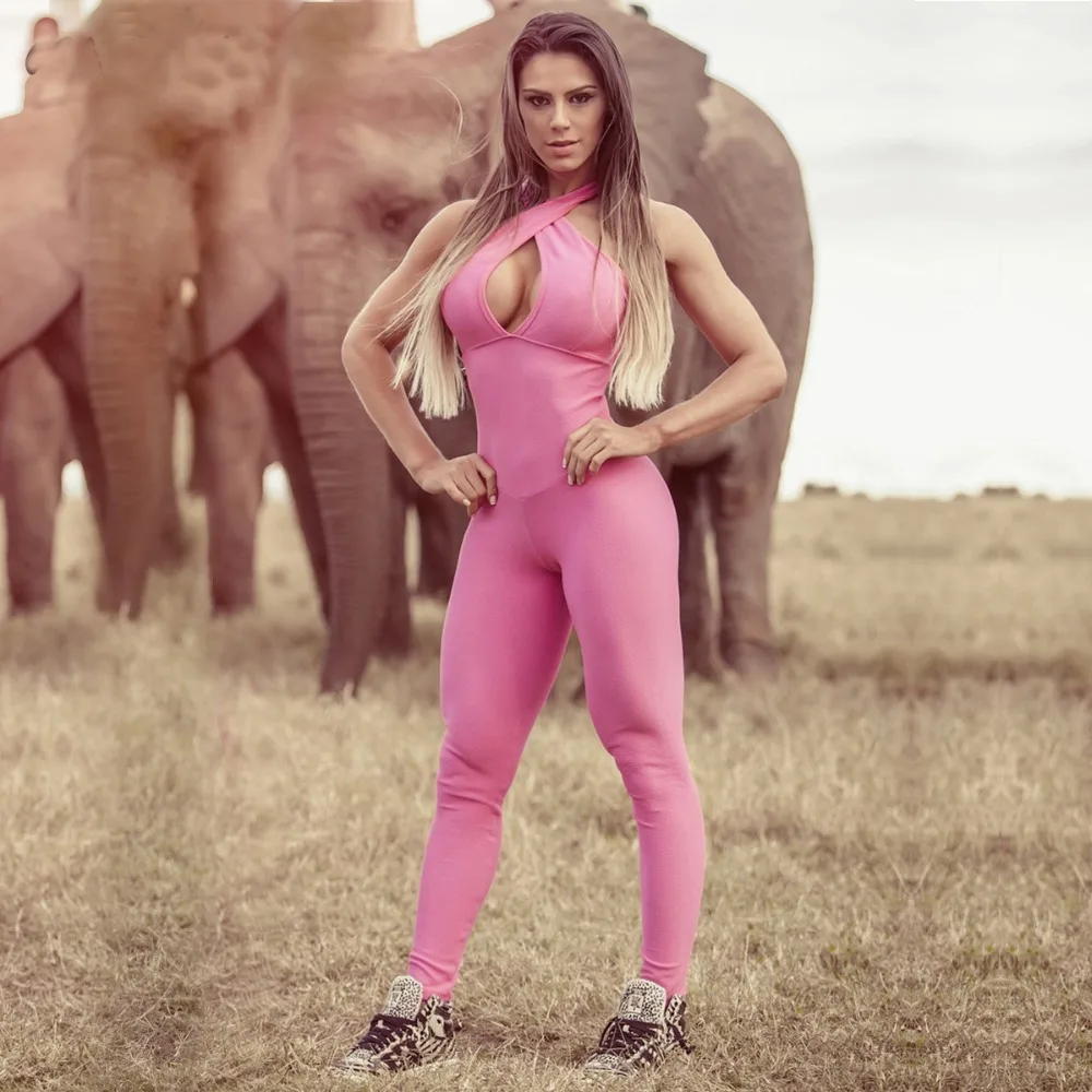 Женский комбинезон розовый без бретелек с лямкой на шее большого размера S-XL 2018 |