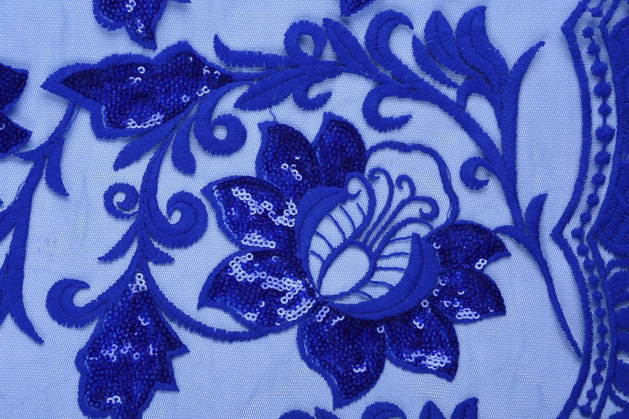 Latest Royal Blue African Embroidery Tulle Lace Fabric High Quality French Milk Silk Lace Fabric With Sequins 5 Yards 1611