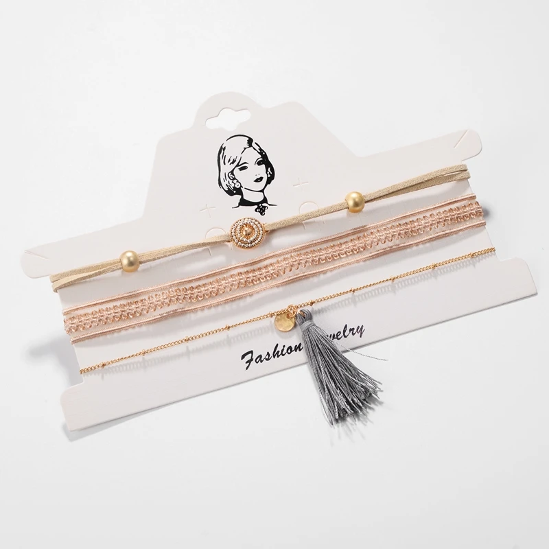 DANZE Винтаж Кружевное колье с подвеской в виде 3 шт./компл. Тонкий кожаная цепочка ожерелья с подвесками-кисточками для Для женщин Бохо ручной работы, ювелирное изделие, колье