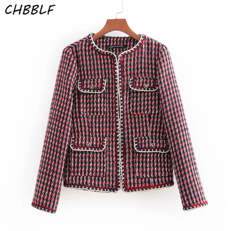 CHBBLF vintage tweed клетчатая куртка пальто карманы украшения Длинные рукава Ретро