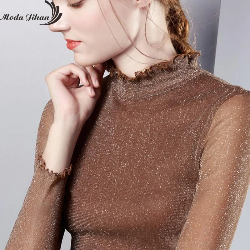 Moda Jihan женские облегающие рубашки под сетку с блестками и оборками, топы с длинным рукавом, сексуальные футболки размера плюс, тянущиеся