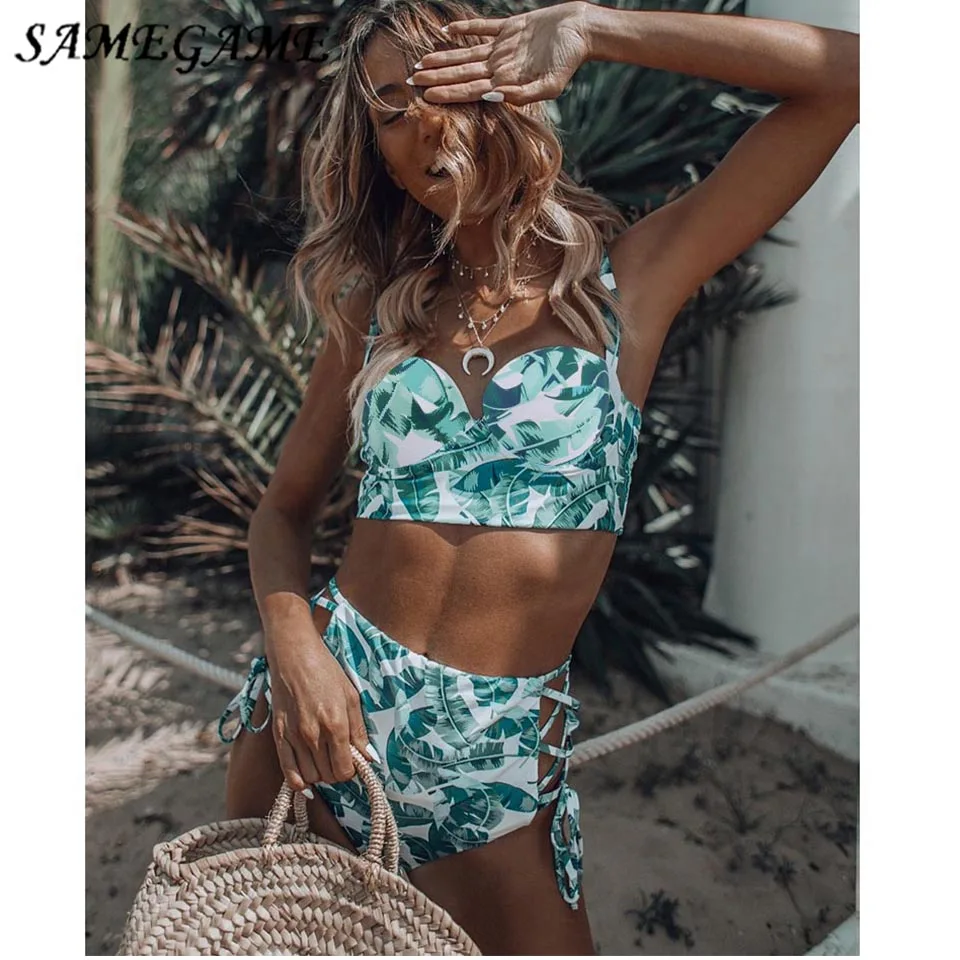 Женский бикини с высокой талией SAMEGAME купальник пуш-ап принтом листьев большого