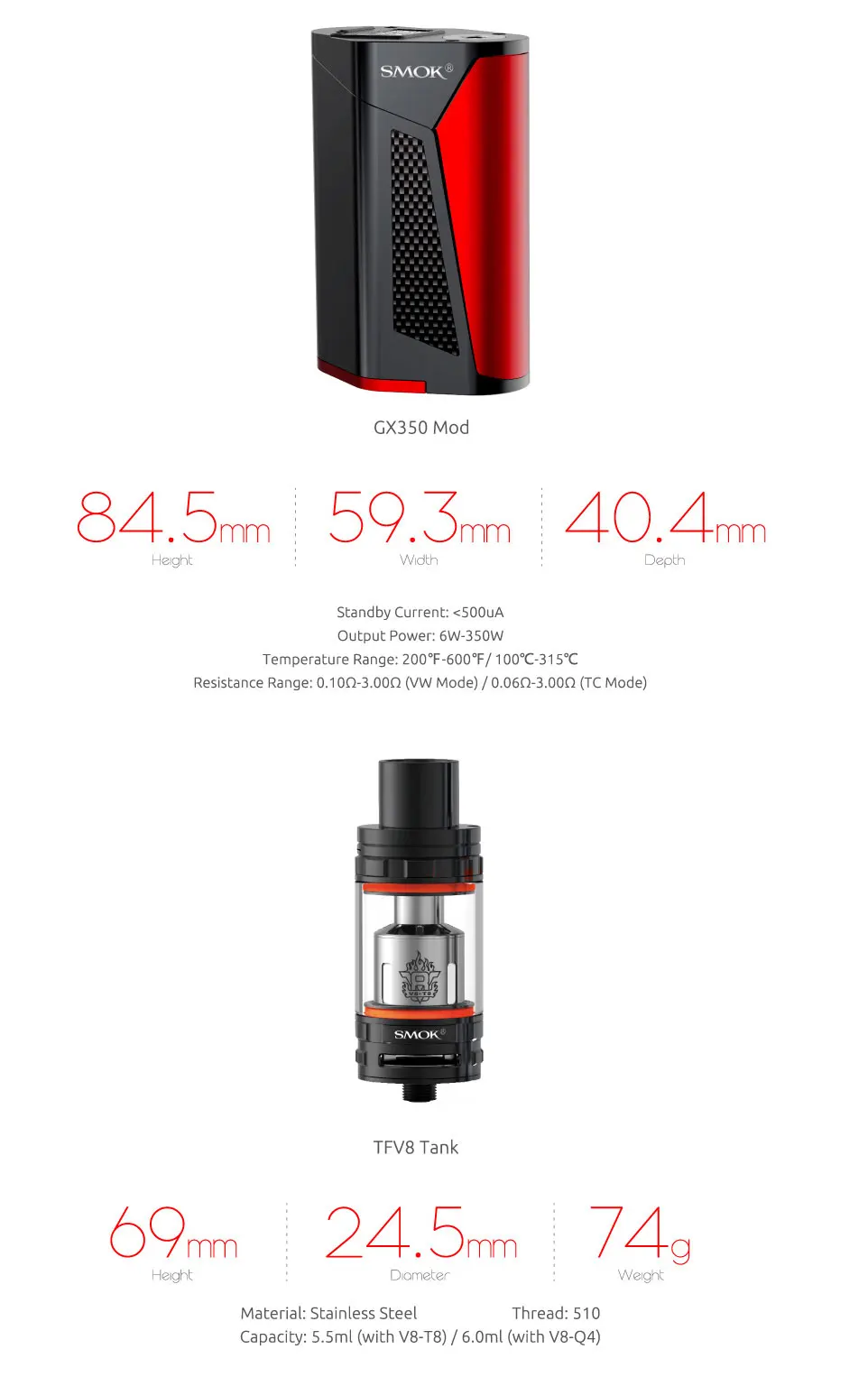 SMOK GX350 Комплект 350 Вт большой мощности испаритель вейп-комплект электронной сигареты SMOK GX350 коробка мод 6 мл емкость TFV8 танк