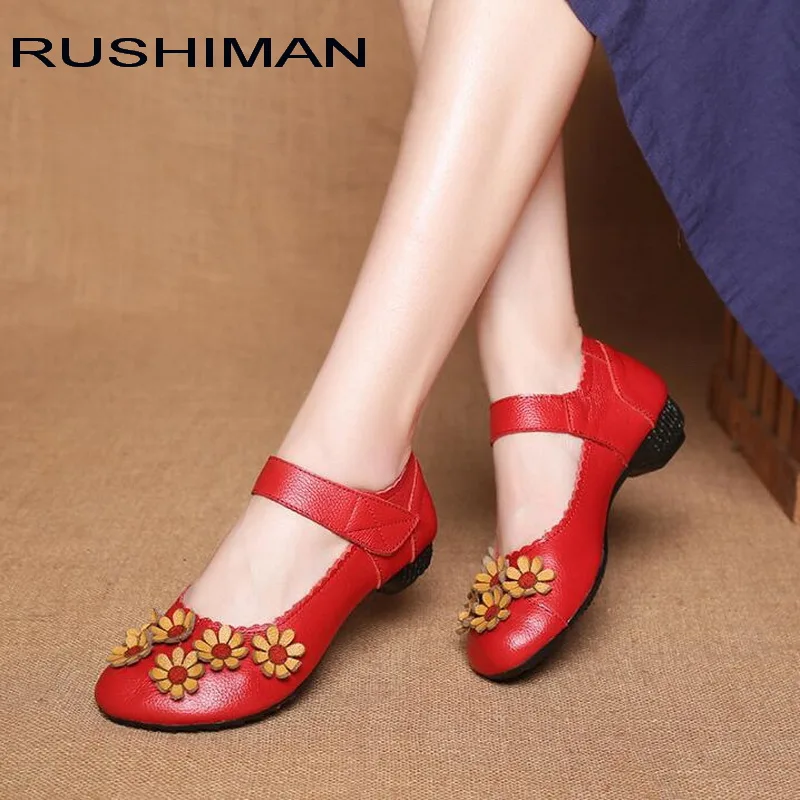 RUSHIMAN 2021 Spring New Handmade Genuine Leather Single Shoes Soft Casual  Yellow Shoes Women Flats Mother Shoes Size 35-40