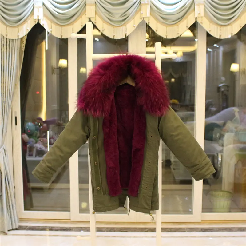 green purple Г. Зимнее пальто, куртка теплая верхняя одежда для мальчиков, девочек, женщин и мужчин, большой воротник из меха енота, капюшон, подкладка из кроличьего меха, съемный Рождественский подарок - Цвет: green purple