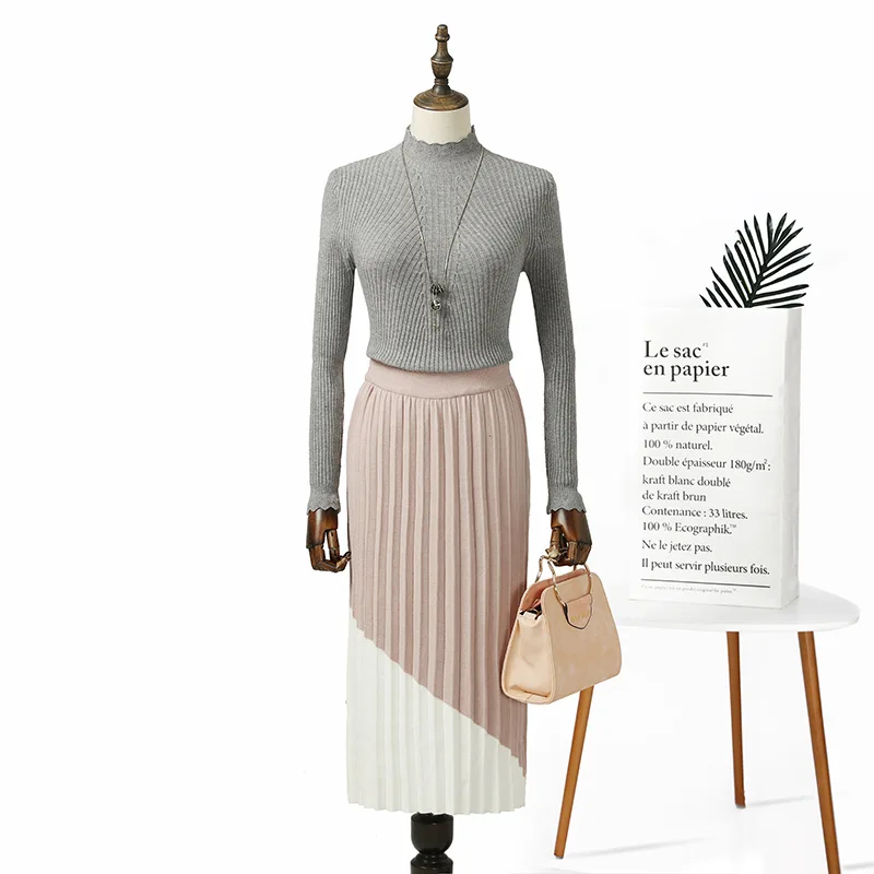 

2019 Women Knitted Pleated Skirt Autumn Winter Color Patch High Waist Women Long Skirt Female Ladies Maxi Midi Skirt Saia