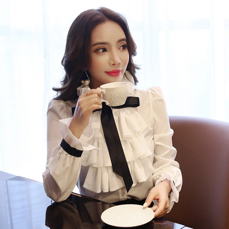 Шифоновая приталенная рубашка 2019 модная женская блузка с оборками высокое