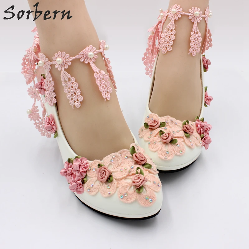 Sorbern/розовые свадебные туфли с кружевными цветами на каблуке 5 см лодочки высоком