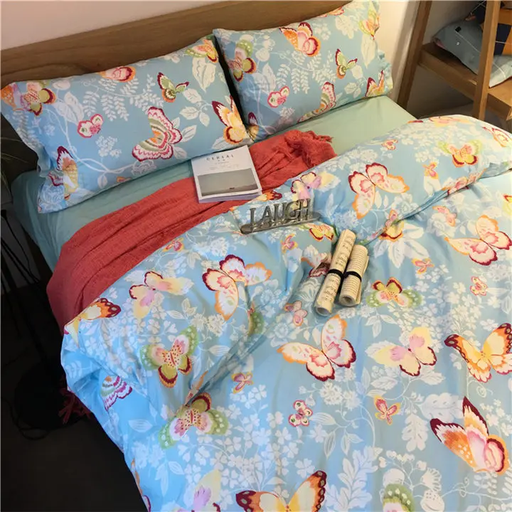 2018 summer 60s cotton bedding set queen size 4pcs tribute satin bed sheet reactive printing Butterfly flowers duvet cover | Дом и сад