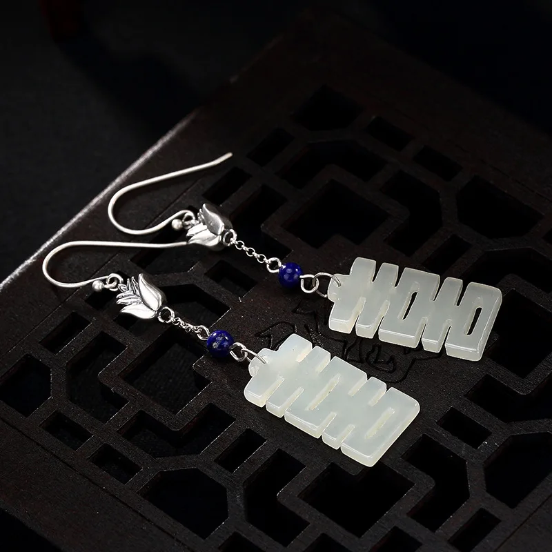 Серьги из настоящего серебра 925 пробы с двойным Happniess натурального нефрита Lapis