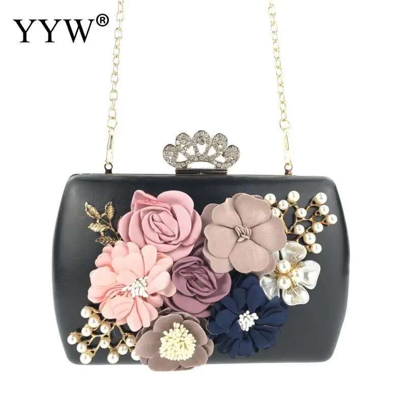 

Vintage Black Leather Clutches Women Hard-Surface Chain Shoulder Bag Diamonds Metal Leaf Pearl Clutch And Purse Box Bags Flower