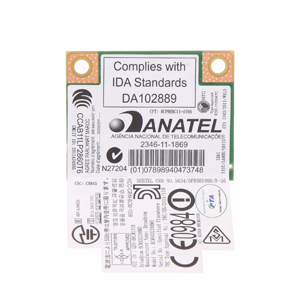 300 Мбит/с 2 4 + Wi-Fi 5 ГГц BCM943228HMB Bluetooth 0 Половина Mini Pci-e беспроводная и отделением для