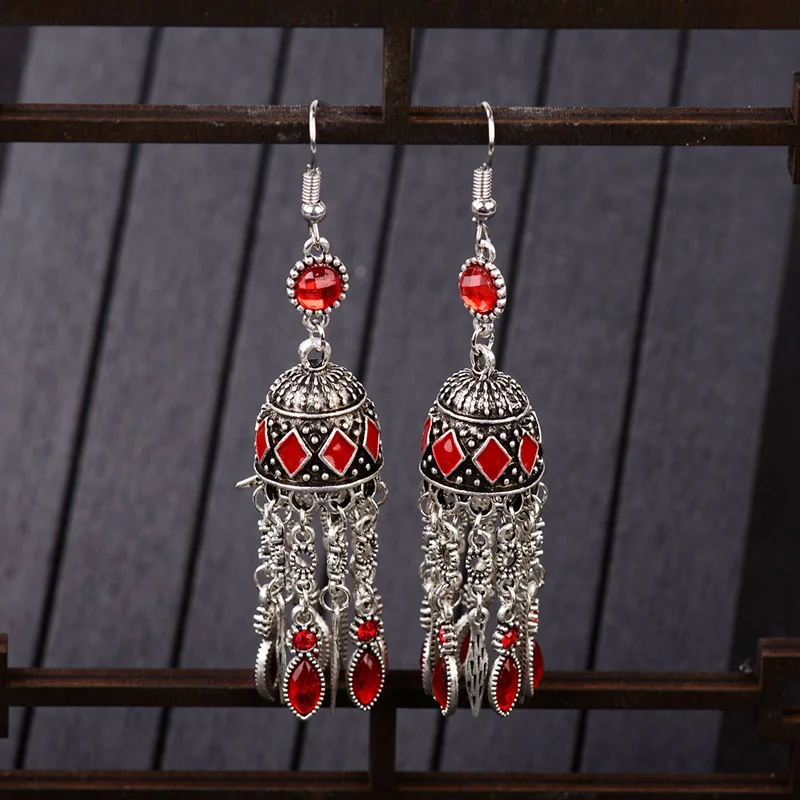 DOUVEI винтажные Синие стразы Jhumka серьги для женщин богемные бисерные кисточкой сережки oorbellen Египетский Цыганский Таиланд HXE088